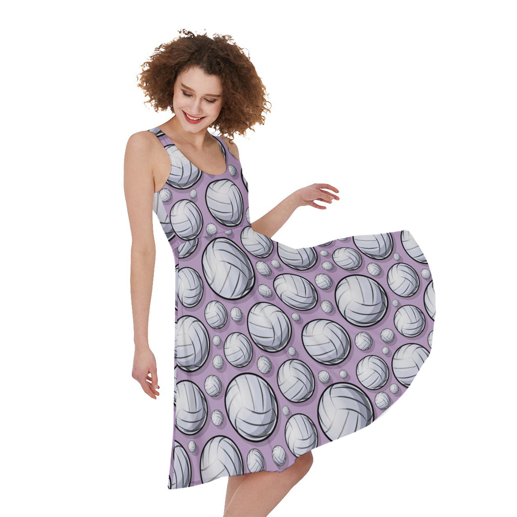 Purple And White Volleyball Print Women's Sleeveless Dress