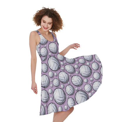 Purple And White Volleyball Print Women's Sleeveless Dress