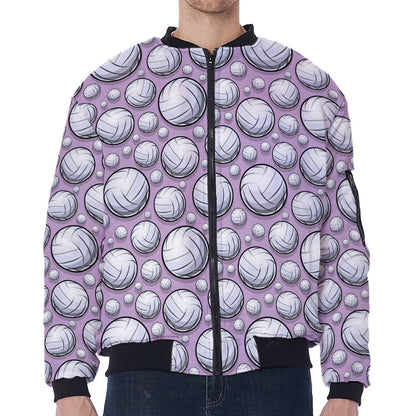 Purple And White Volleyball Print Zip Sleeve Bomber Jacket