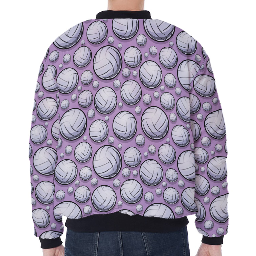Purple And White Volleyball Print Zip Sleeve Bomber Jacket