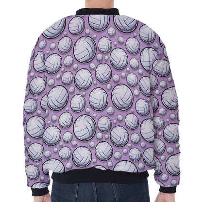 Purple And White Volleyball Print Zip Sleeve Bomber Jacket