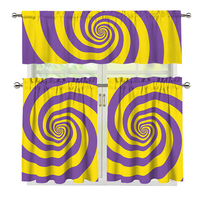 Purple And Yellow Spiral Illusion Print 3 Piece Kitchen Curtains