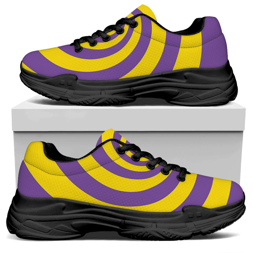 Purple And Yellow Spiral Illusion Print Black Chunky Shoes