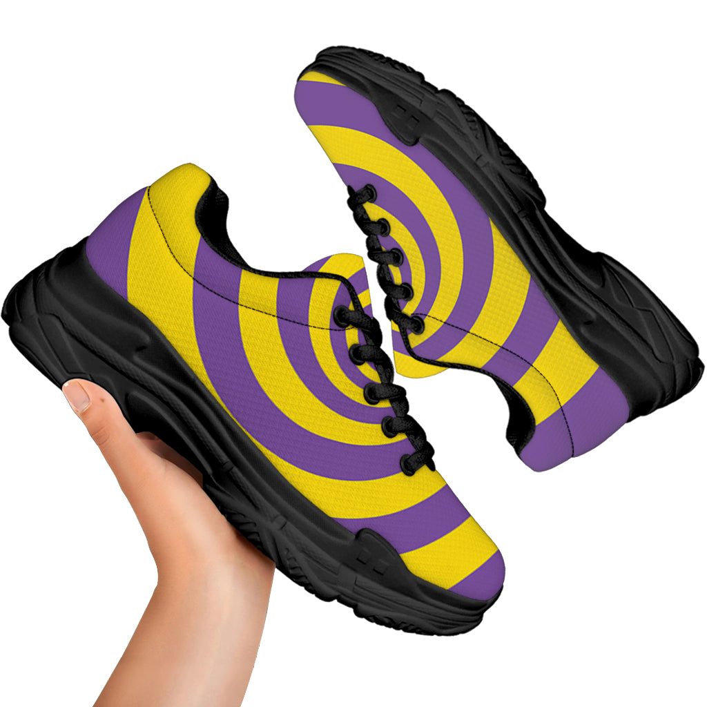 Purple And Yellow Spiral Illusion Print Black Chunky Shoes