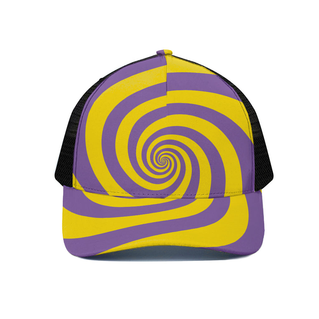 Purple And Yellow Spiral Illusion Print Black Mesh Trucker Cap