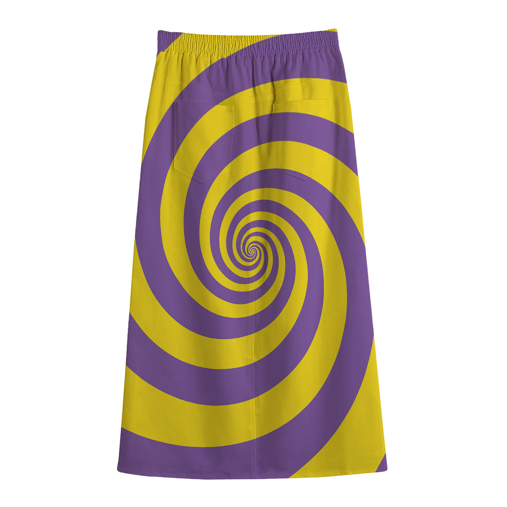 Purple And Yellow Spiral Illusion Print Cotton Front Slit Maxi Skirt