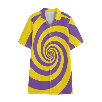 Purple And Yellow Spiral Illusion Print Cotton Hawaiian Shirt