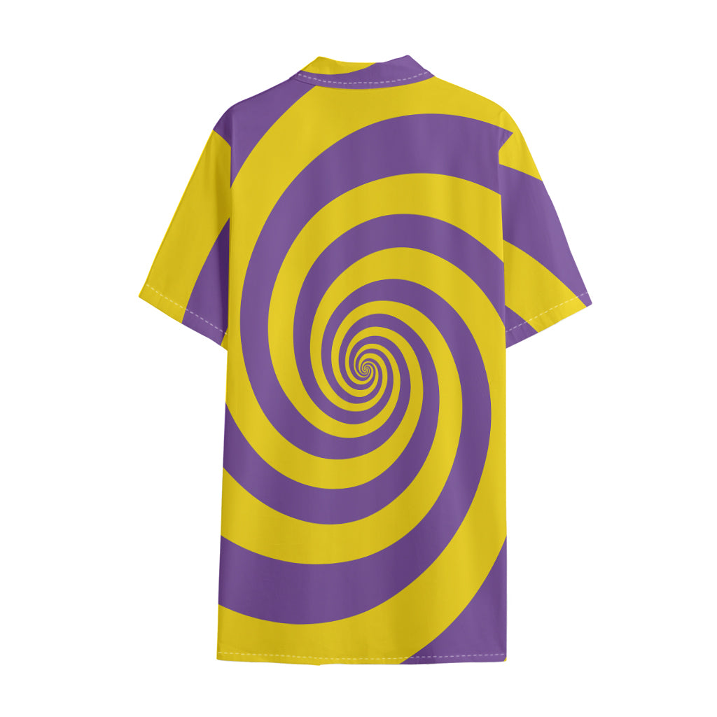 Purple And Yellow Spiral Illusion Print Cotton Hawaiian Shirt