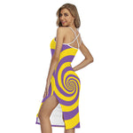Purple And Yellow Spiral Illusion Print Cross Back Cami Dress
