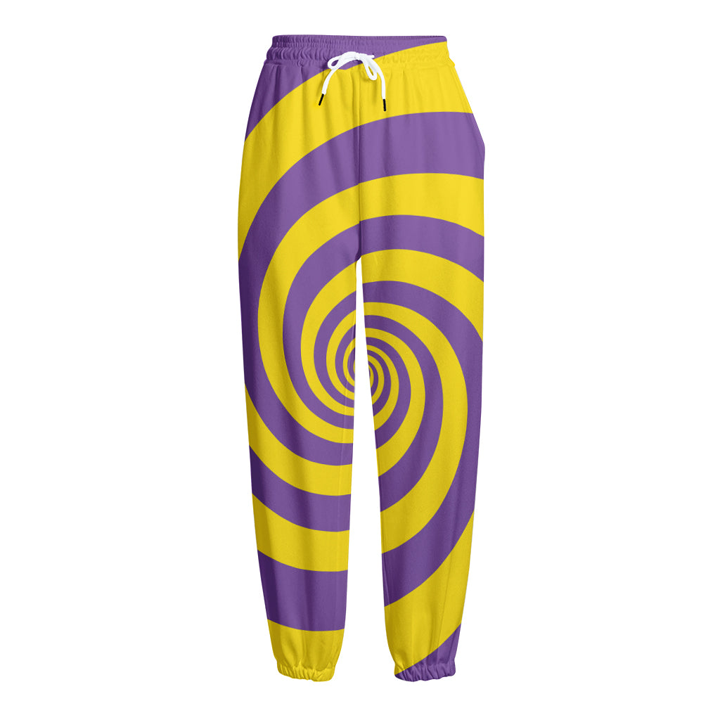 Purple And Yellow Spiral Illusion Print Fleece Lined Knit Pants