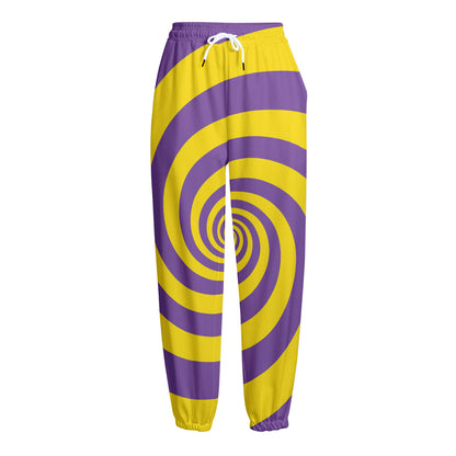 Purple And Yellow Spiral Illusion Print Fleece Lined Knit Pants