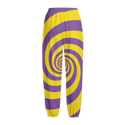 Purple And Yellow Spiral Illusion Print Fleece Lined Knit Pants