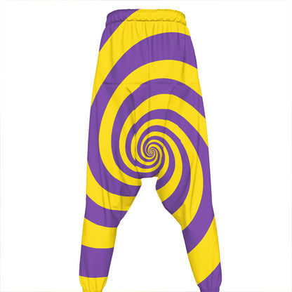 Purple And Yellow Spiral Illusion Print Hammer Pants