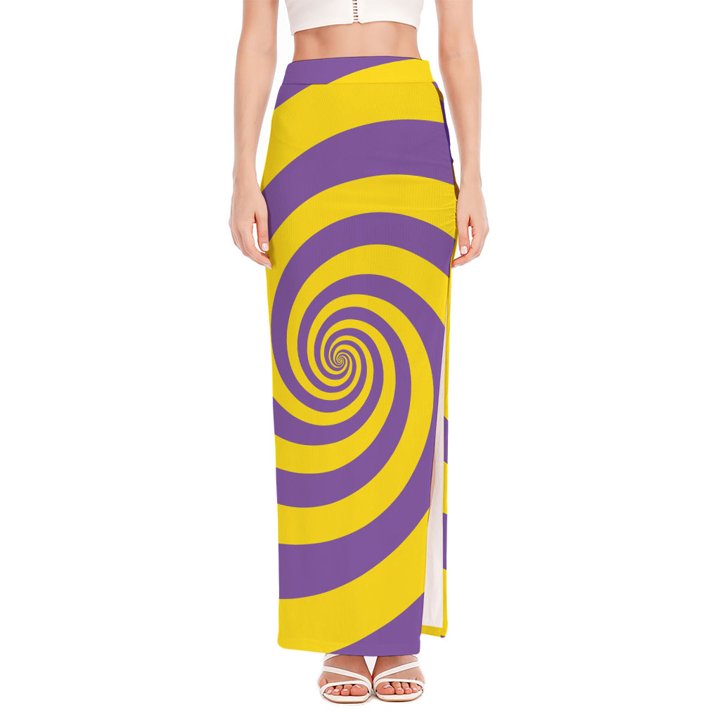 Purple And Yellow Spiral Illusion Print High Slit Maxi Skirt