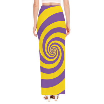 Purple And Yellow Spiral Illusion Print High Slit Maxi Skirt