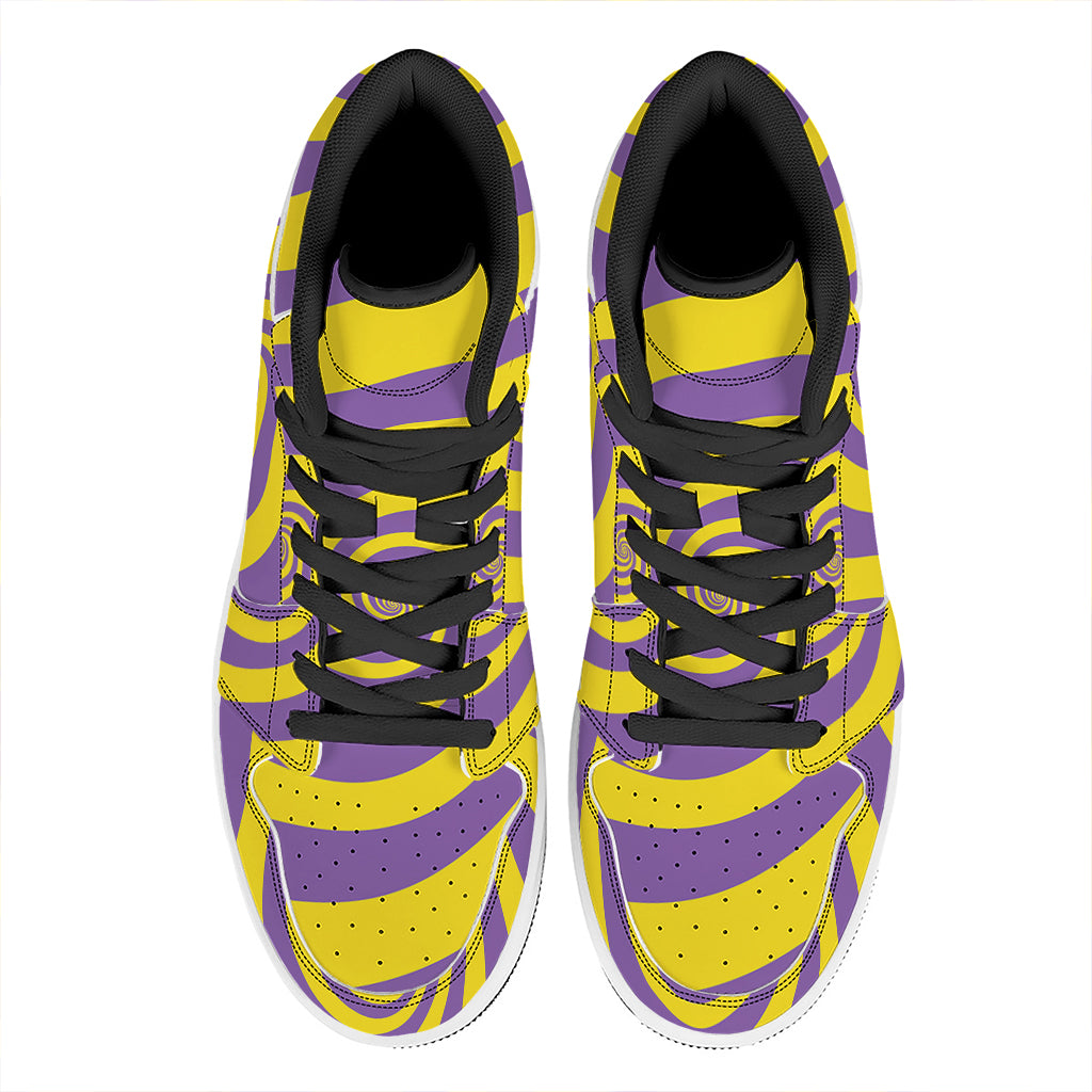 Purple And Yellow Spiral Illusion Print High Top Leather Sneakers