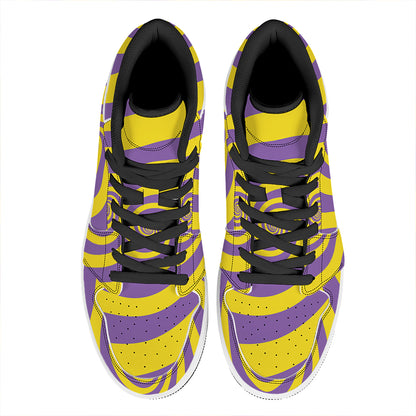 Purple And Yellow Spiral Illusion Print High Top Leather Sneakers