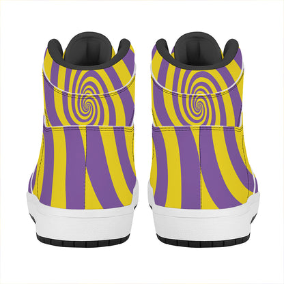 Purple And Yellow Spiral Illusion Print High Top Leather Sneakers