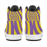 Purple And Yellow Spiral Illusion Print High Top Leather Sneakers