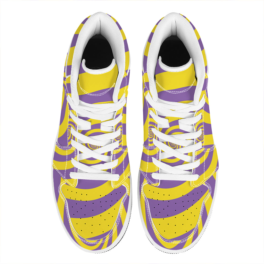 Purple And Yellow Spiral Illusion Print High Top Leather Sneakers