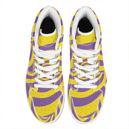 Purple And Yellow Spiral Illusion Print High Top Leather Sneakers