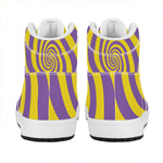 Purple And Yellow Spiral Illusion Print High Top Leather Sneakers