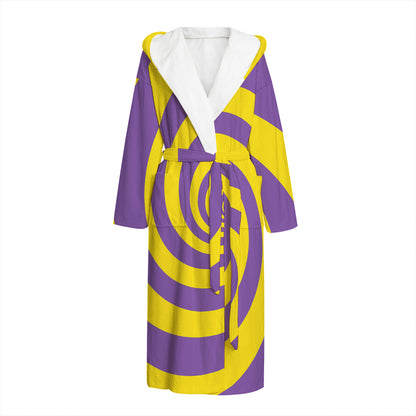Purple And Yellow Spiral Illusion Print Hooded Bathrobe