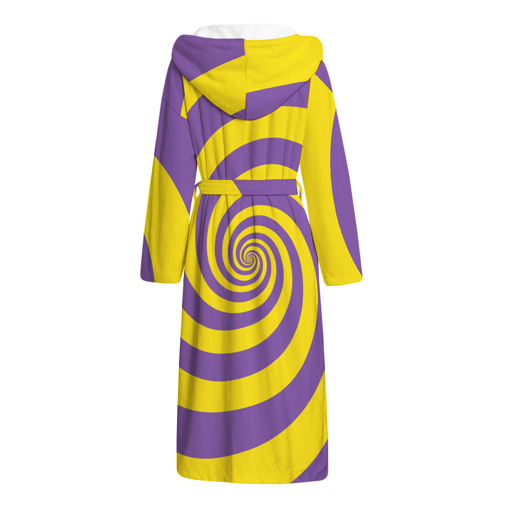 Purple And Yellow Spiral Illusion Print Hooded Bathrobe