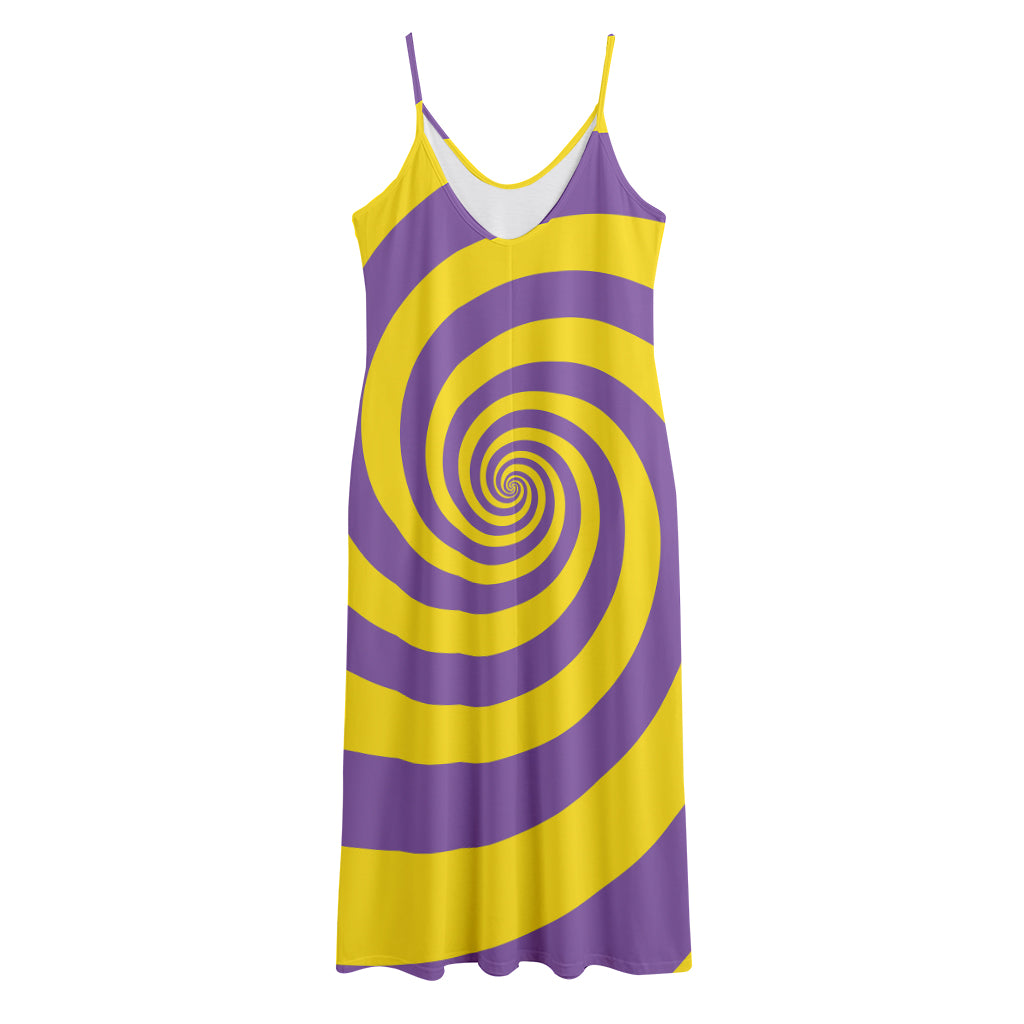 Purple And Yellow Spiral Illusion Print Jersey Midi Cami Dress