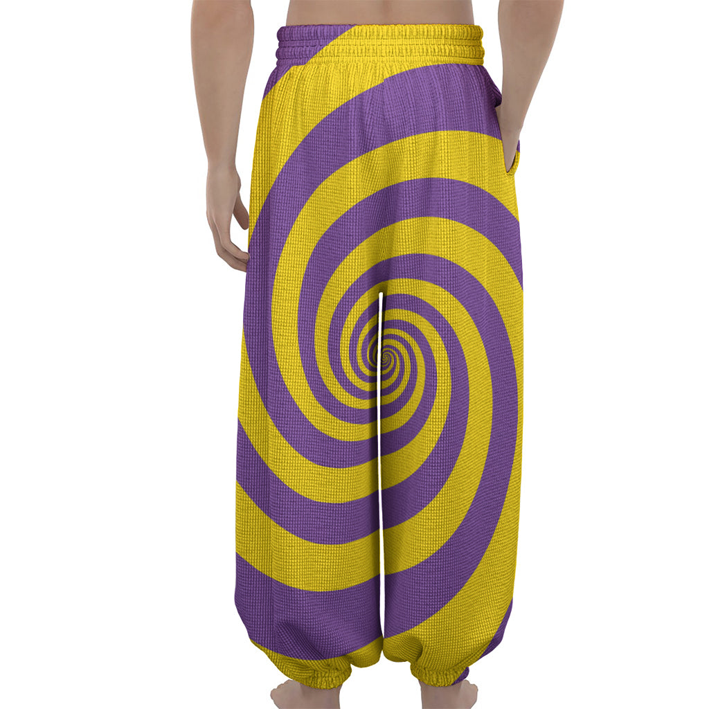 Purple And Yellow Spiral Illusion Print Lantern Pants