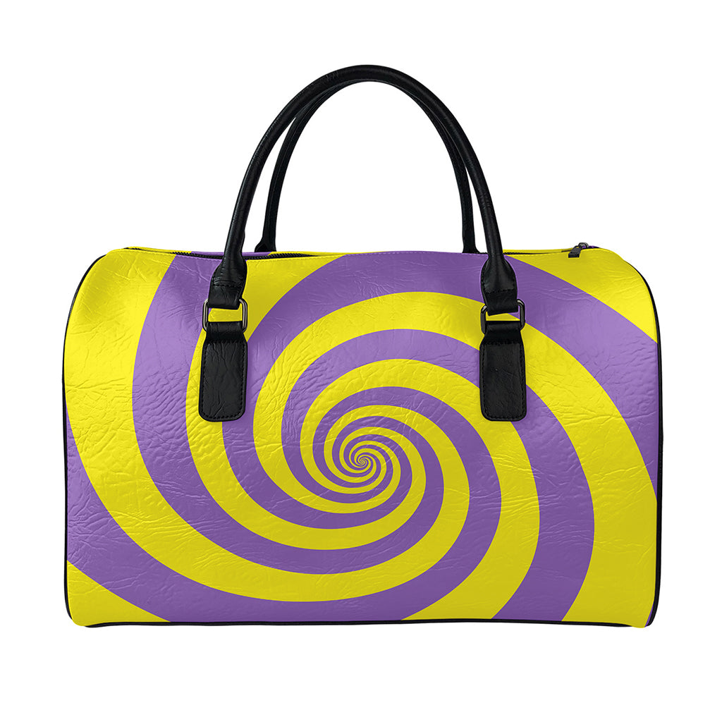 Purple And Yellow Spiral Illusion Print Leather Duffle Bag