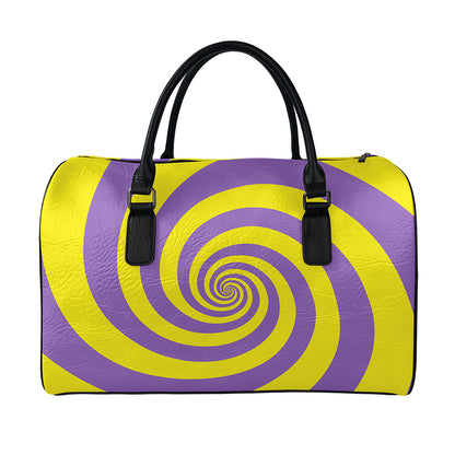 Purple And Yellow Spiral Illusion Print Leather Duffle Bag