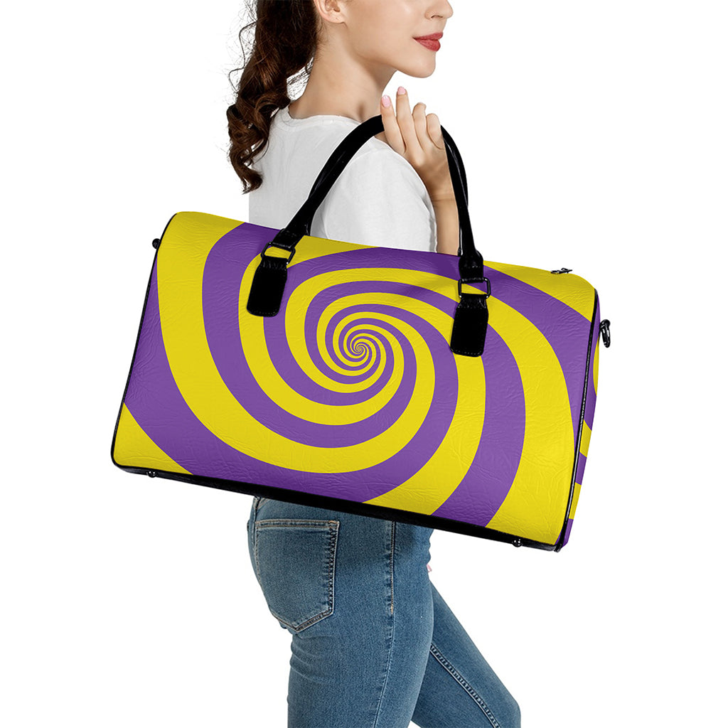 Purple And Yellow Spiral Illusion Print Leather Duffle Bag