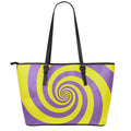 Purple And Yellow Spiral Illusion Print Leather Tote Bag With Zipper