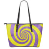 Purple And Yellow Spiral Illusion Print Leather Tote Bag