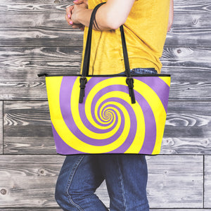 Purple And Yellow Spiral Illusion Print Leather Tote Bag