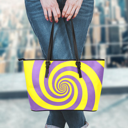 Purple And Yellow Spiral Illusion Print Leather Tote Bag