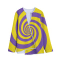 Purple And Yellow Spiral Illusion Print Long Sleeve Short Coat