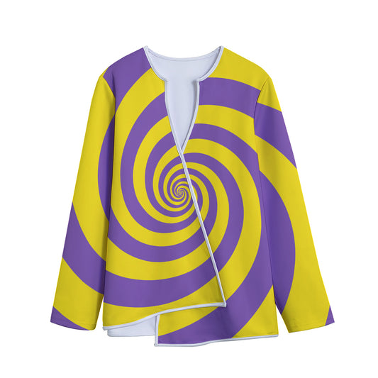 Purple And Yellow Spiral Illusion Print Long Sleeve Short Coat