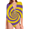 Purple And Yellow Spiral Illusion Print Long Sleeve Swimsuit