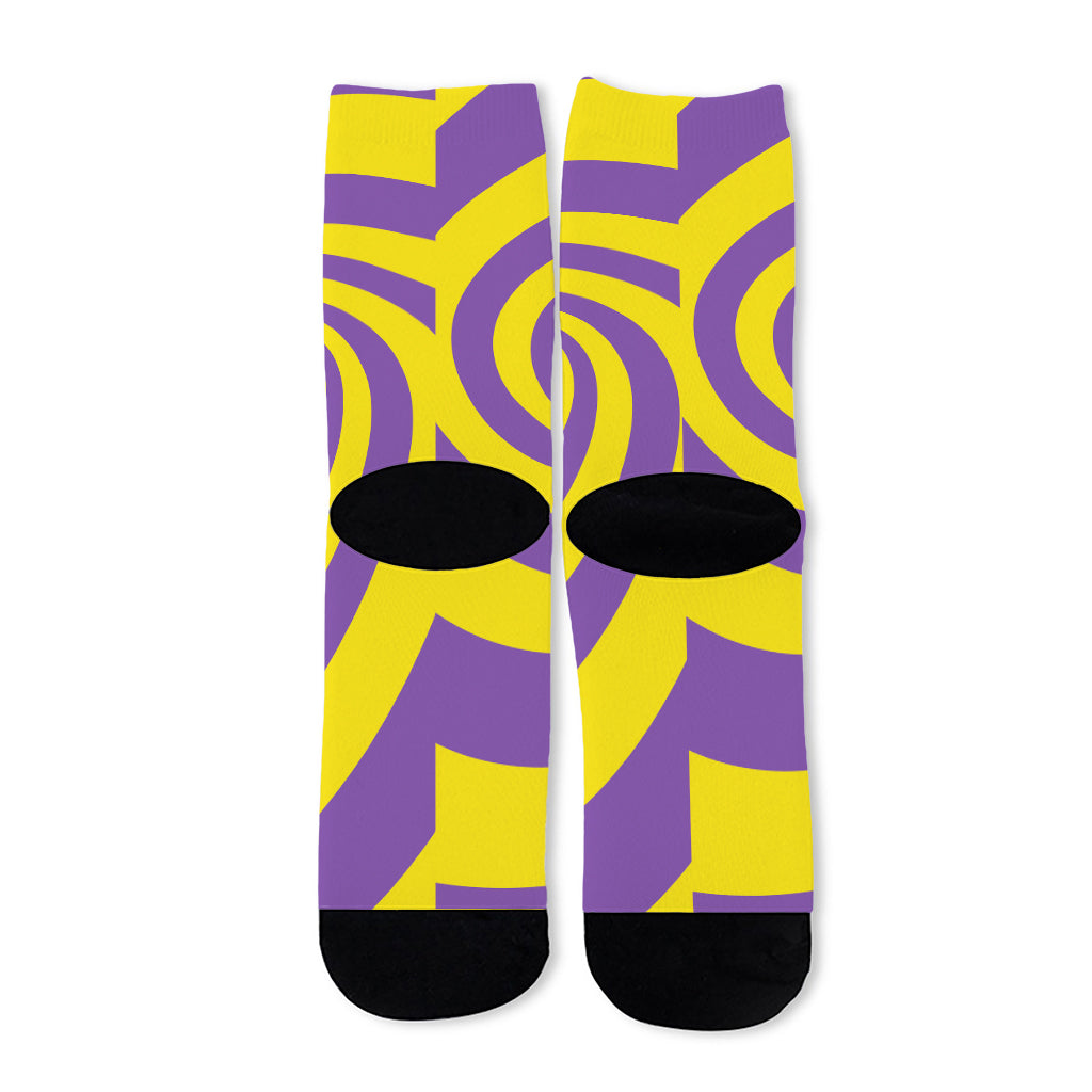 Purple And Yellow Spiral Illusion Print Long Socks