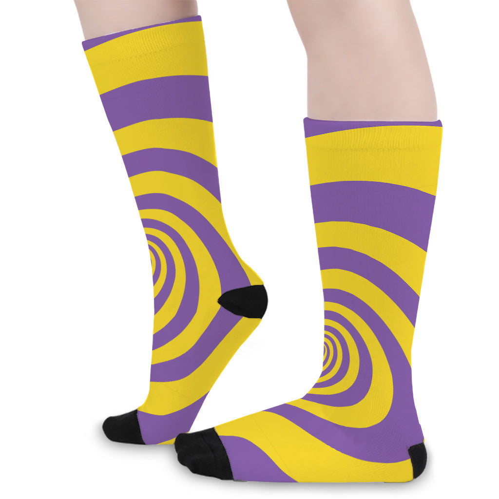 Purple And Yellow Spiral Illusion Print Long Socks