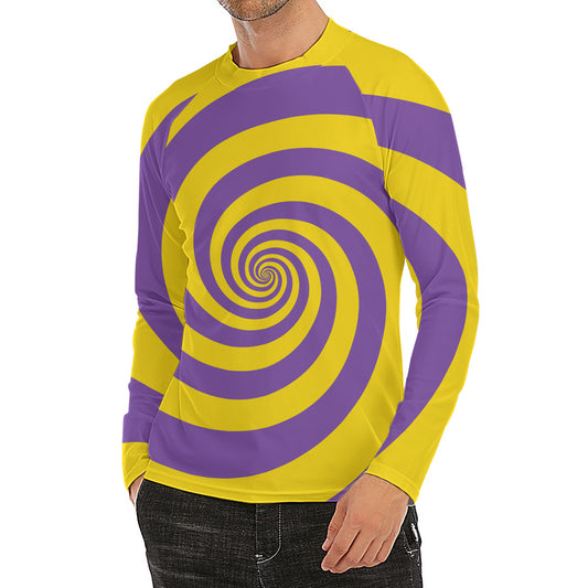 Purple And Yellow Spiral Illusion Print Men's Long Sleeve Rash Guard