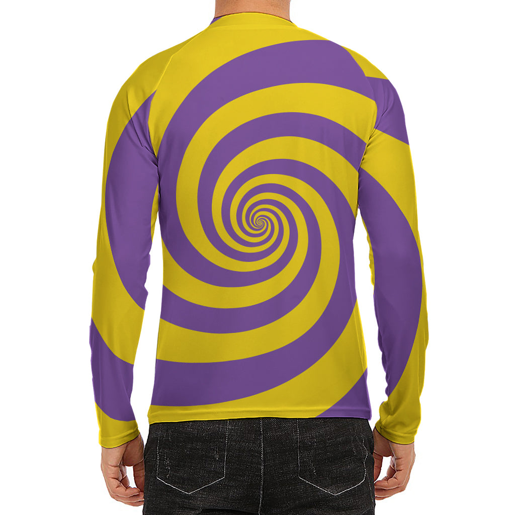 Purple And Yellow Spiral Illusion Print Men's Long Sleeve Rash Guard