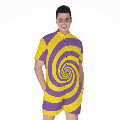 Purple And Yellow Spiral Illusion Print Men's Rompers