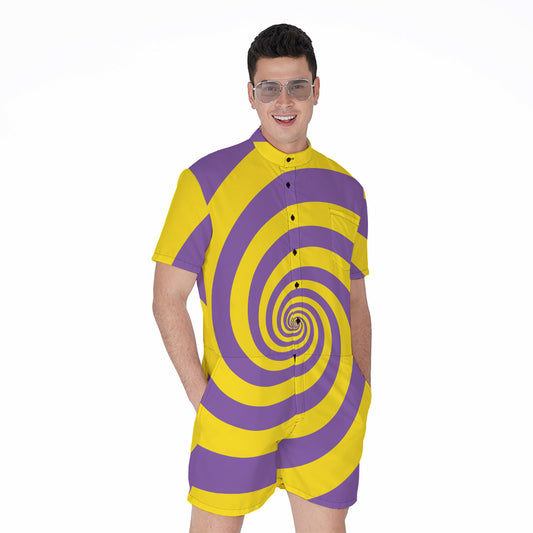 Purple And Yellow Spiral Illusion Print Men's Rompers