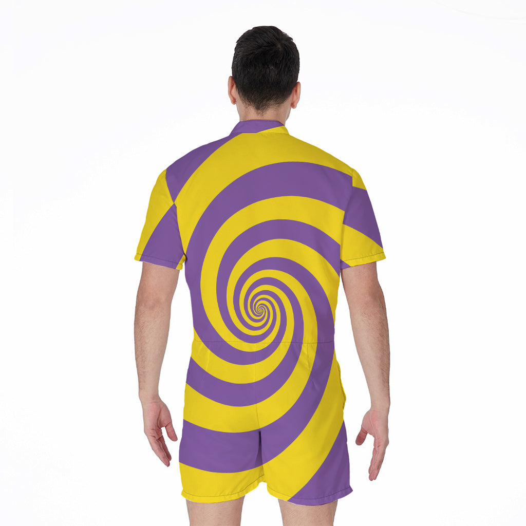Purple And Yellow Spiral Illusion Print Men's Rompers