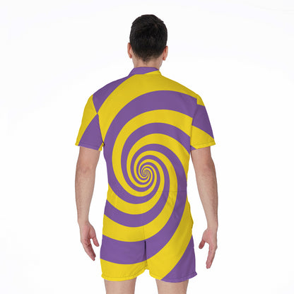 Purple And Yellow Spiral Illusion Print Men's Rompers
