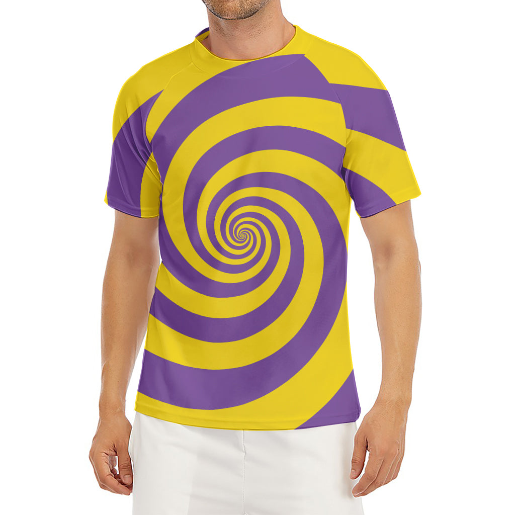 Purple And Yellow Spiral Illusion Print Men's Short Sleeve Rash Guard
