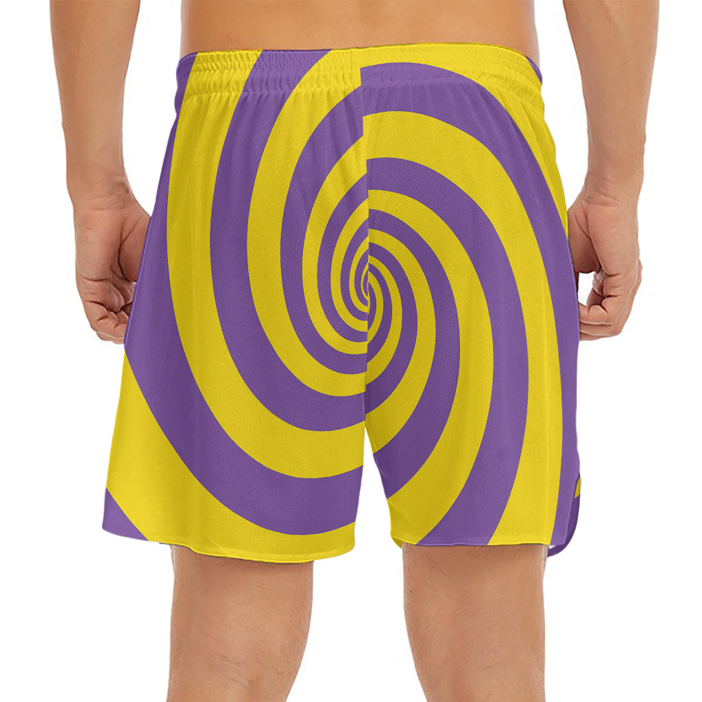 Purple And Yellow Spiral Illusion Print Men's Split Running Shorts